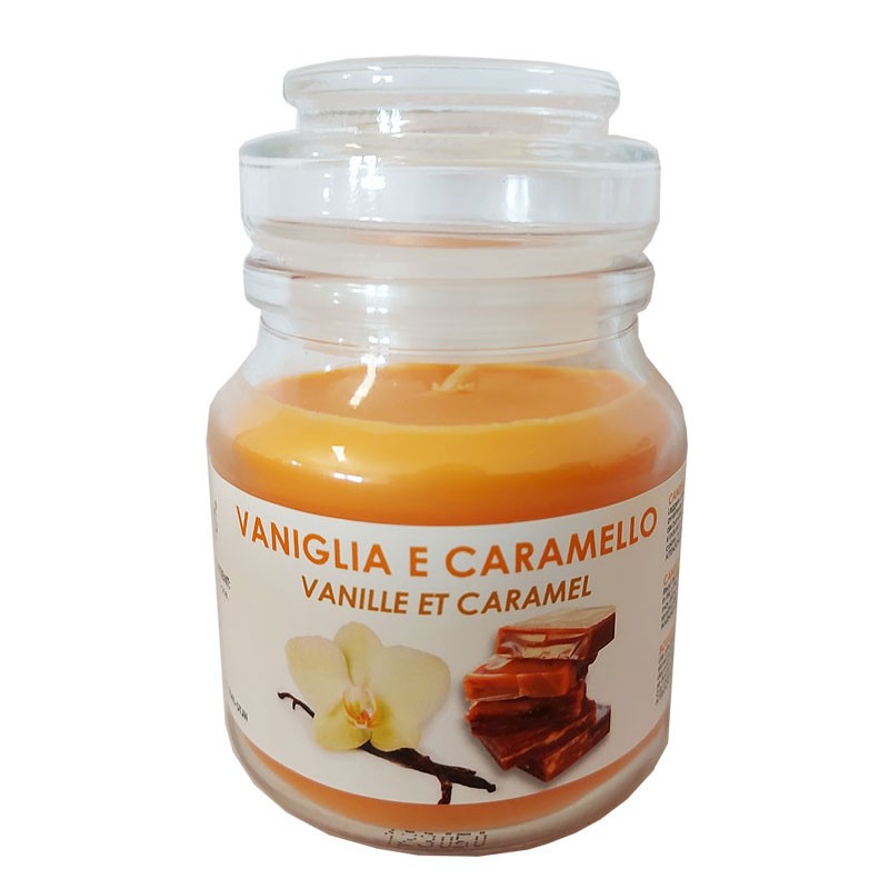 Candela profumata in vetro in set da 2, 2 tipici aromi invernali, vaniglia  e mela, altezza 10 cm
