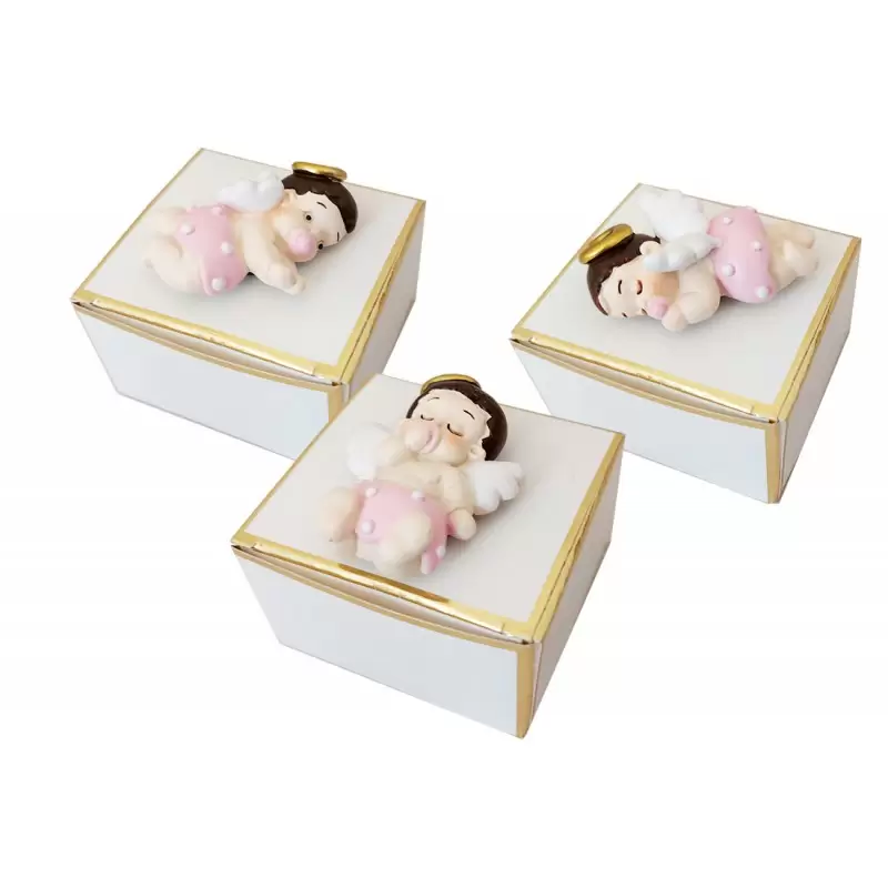 BOMBONIERE ANGIOLETTI BABY ROSA CON SCATOLINE BIANCHE ORO - 12 PZ