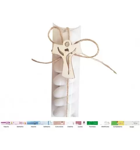 PORTA CONFETTI PLASTICA CON DECORAZIONE IN LEGNO CROCE TAO