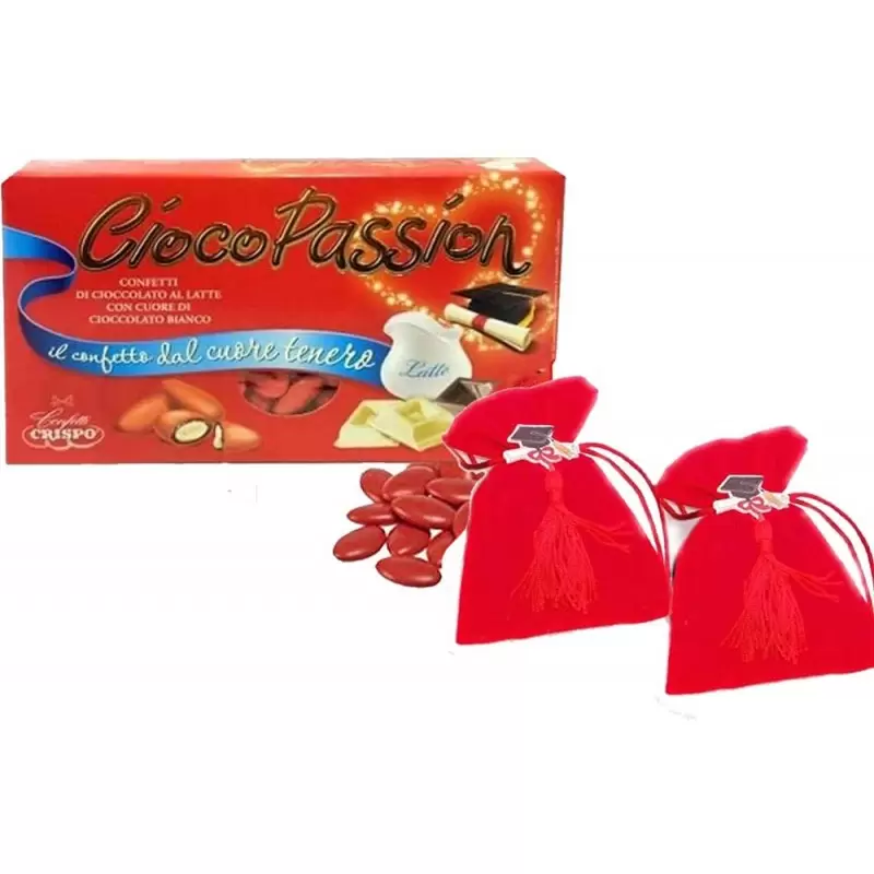 BOMBONIERE LAUREA SACCHETTI NAPPINE E CONFETTI ROSSI - 24 PZ