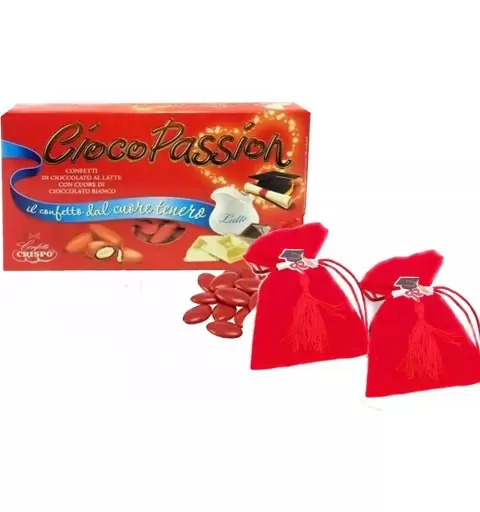 BOMBONIERE LAUREA SACCHETTI NAPPINE E CONFETTI ROSSI - 24 PZ