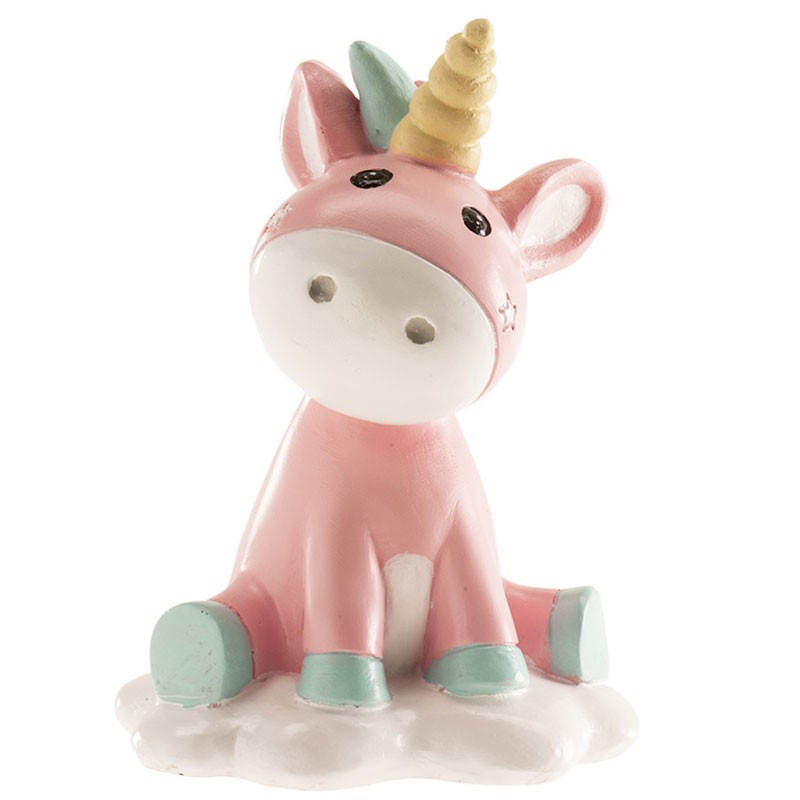 Statuetta decorativa topper per battesimo con unicorno rosa 10 cm 310137