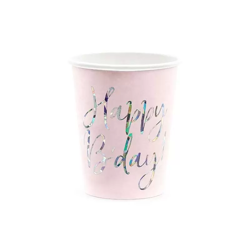 6 bicchieri Happy B\'day! rosa cipria chiaro 220ml con scritta olografica KPP63-081PJ
