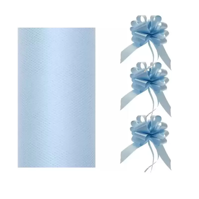 ROTOLO TULLE + 30 COCCARDE AUTORITIRANTI 3 CM CELESTE