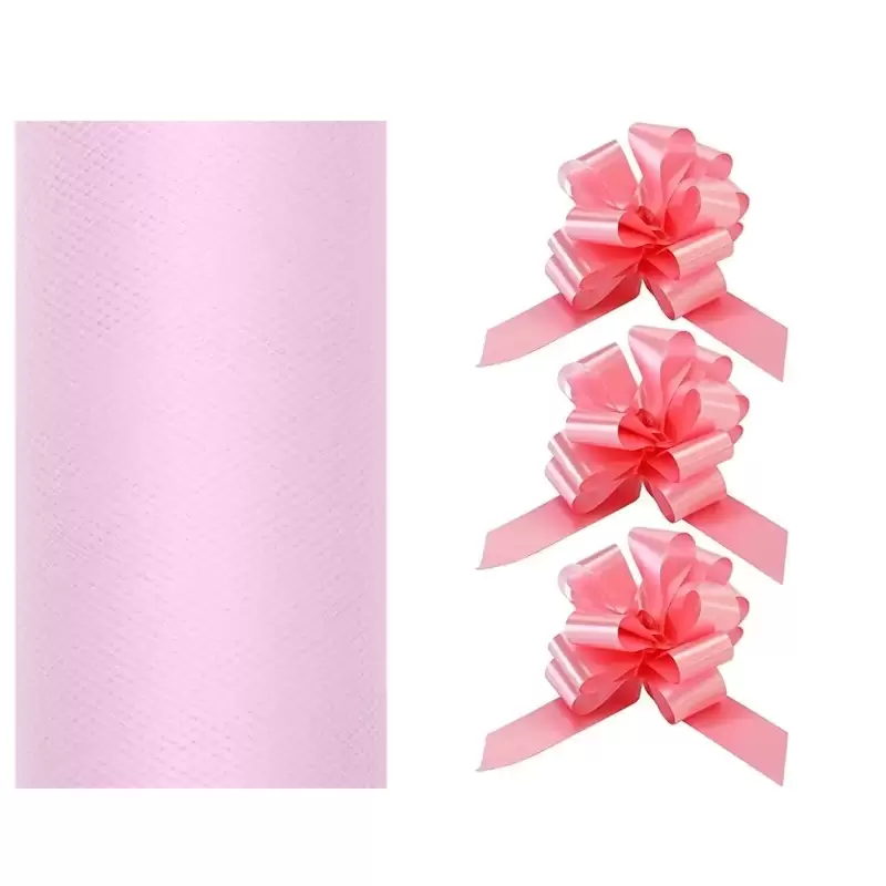 ROTOLO TULLE + 30 COCCARDE AUTORITIRANTI 3 CM ROSA
