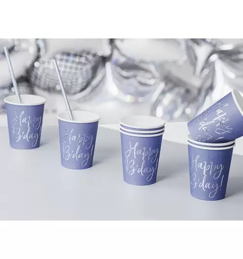 BICCHIERI HAPPY B'DAY BLU NAVY OLOGRAFICI - 6 PZ