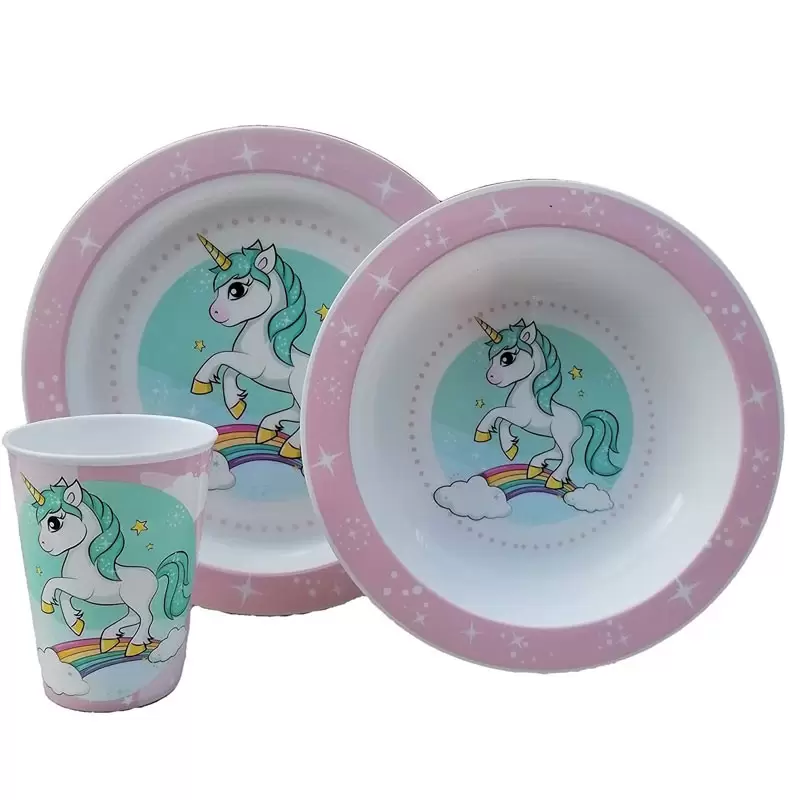 set pappa Unicorno piatto piano + piatto fondo + bicchiere in confezione ST09719