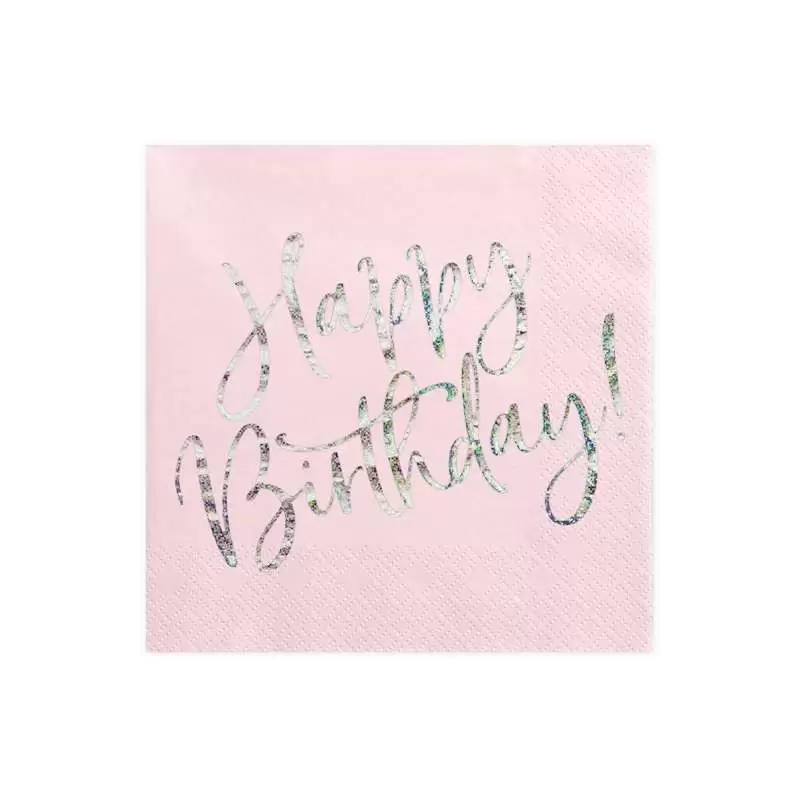 tovaglioli Happy B\'day! rosa cipria chiaro con scritta olografica SP33-80-081PJ 20 pz. 33 x 33 cm