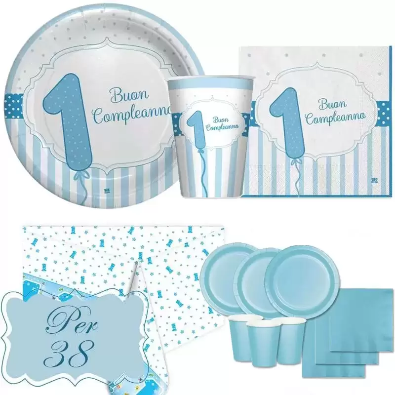KIT N.7 UN ANNO CELESTE STRISCE – COORDINATO PRIMO COMPLEANNO
