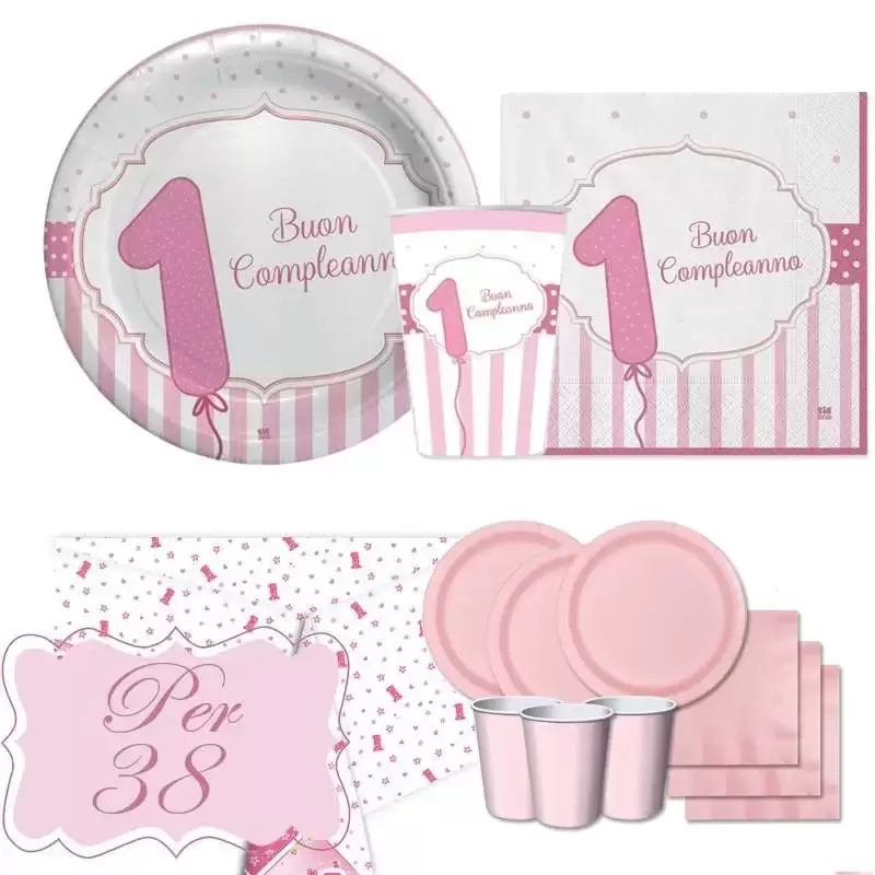 KIT N.7 PRIMO COMPLEANNO ROSA STRISCE – CON MONOCOLORE