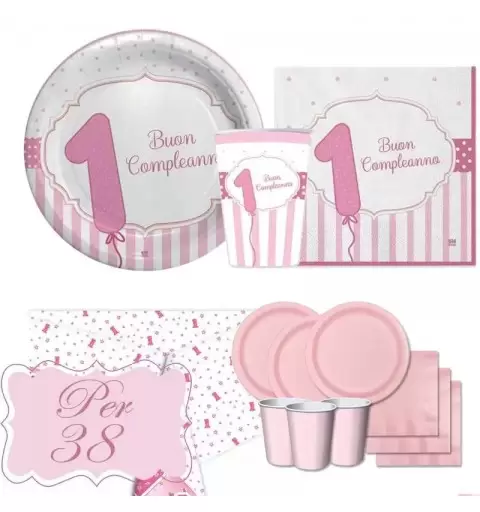KIT N.7 PRIMO COMPLEANNO ROSA STRISCE – CON MONOCOLORE