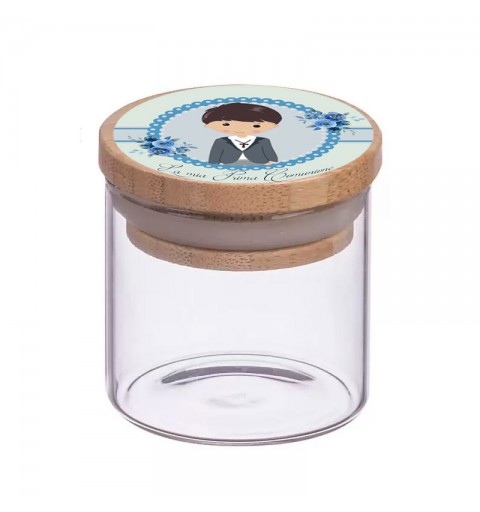 BARATTOLI PRIMA COMUNIONE BAMBINO FLORAL CON TAPPO IN BAMBOO - 10 PZ