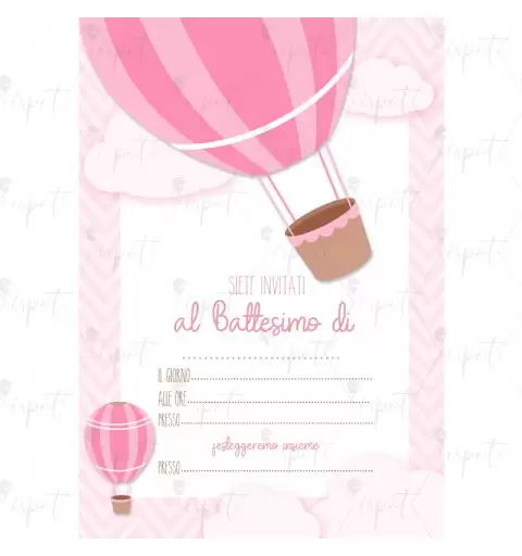 INVITO DI CARTA BATTESIMO MONGOLFIERA ROSA