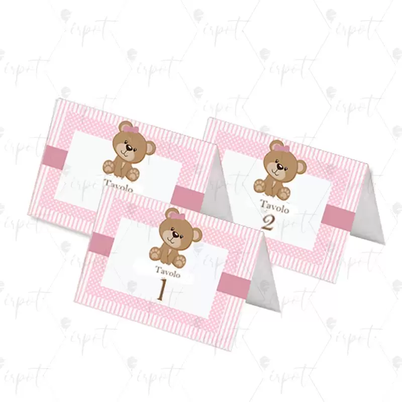 TARGHETTA SEGNATAVOLO BATTESIMO ORSETTA ROSA PIEGATA - 20 PZ