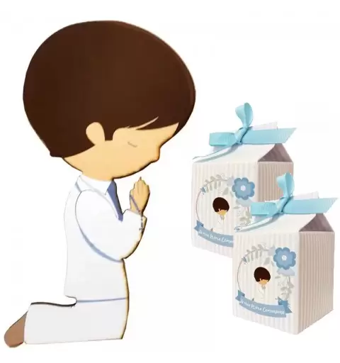 SAGOMA LEGNO E CARTA PRIMA COMUNIONE BAMBINO CON 20 SCATOLINE MILK