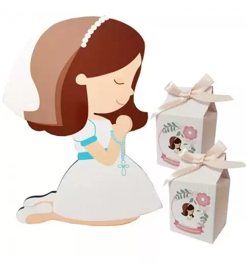 SAGOMA PRIMA COMUNIONE BAMBINA CON 20 SCATOLINE MILK
