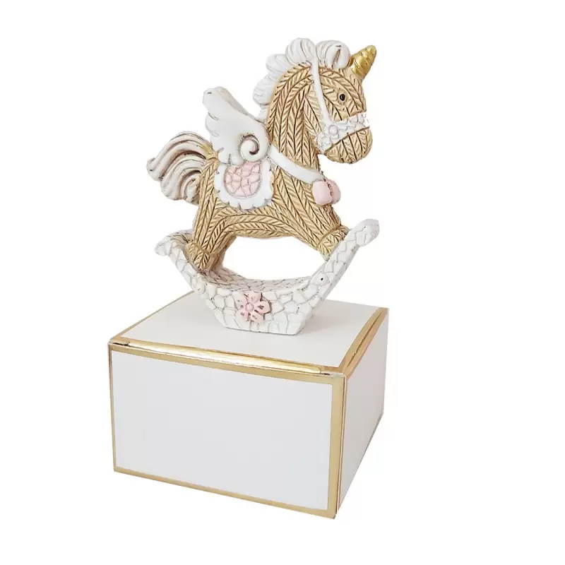 BOMBONIERE CAVALLUCCIO A DONDOLO FANTASY ROSA CON SCATOLINE BIANCHE ORO- 8 PZ
