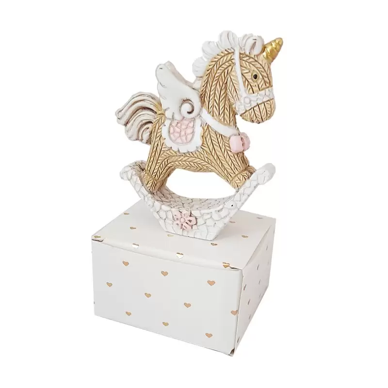 BOMBONIERE CAVALLUCCIO A DONDOLO FANTASY ROSA CON SCATOLINE CUORI ORO- 8 PZ