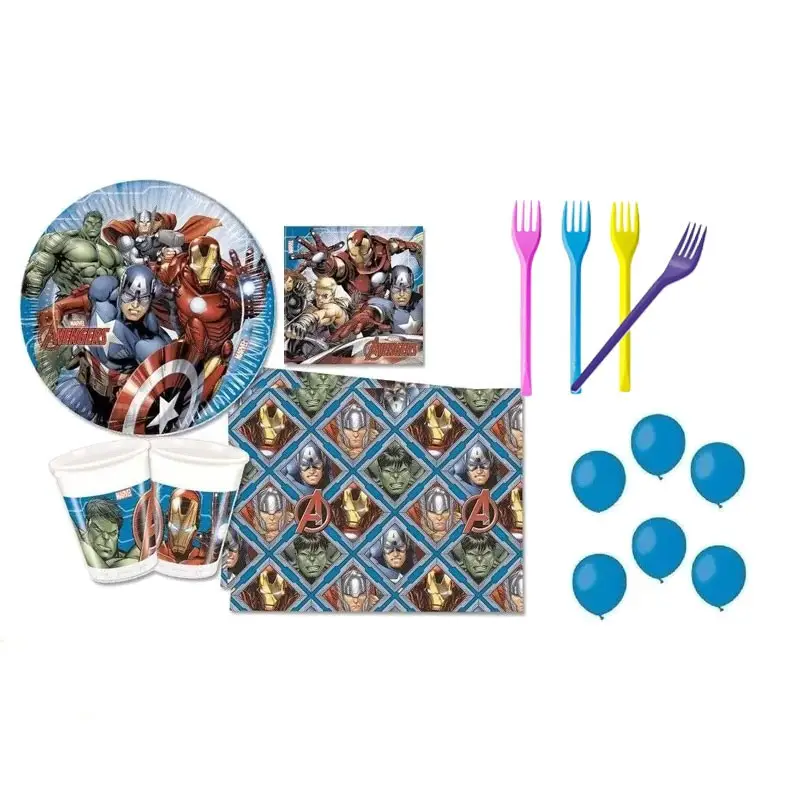 COORDINATO TAVOLA AVENGERS POWER N.6 + FORCHETTE E PALLONCINI BLU
