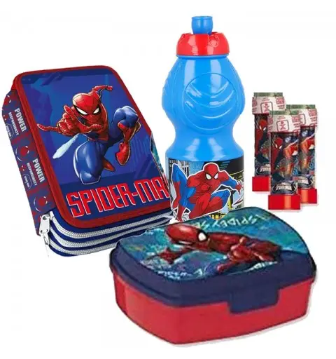 SET SCUOLA SPIDERMAN CON ASTUCCIO BORRACCIA PORTA MERENDA E BOLLE