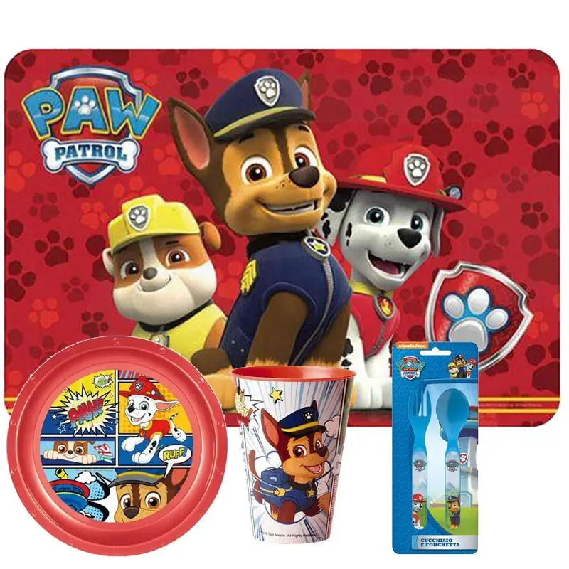 TOVAGLIETTA + PIATTO+ BICCHIERE + POSATE PAW PATROL