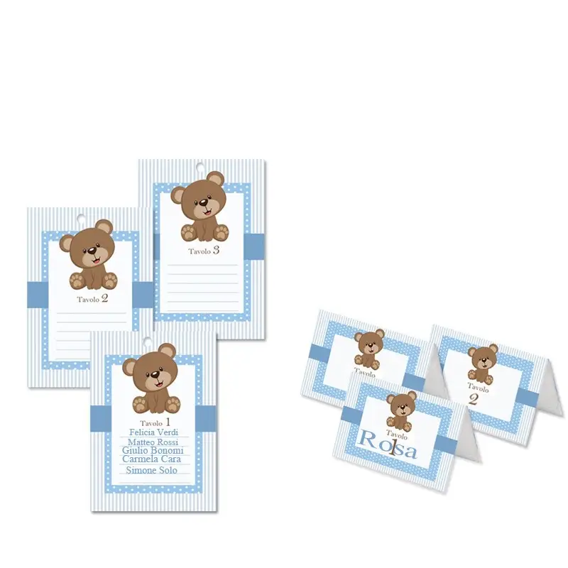 KIT SEGNATAVOLO BATTESIMO ORSETTO CELESTE PERSONALIZZATI - 20 PZ