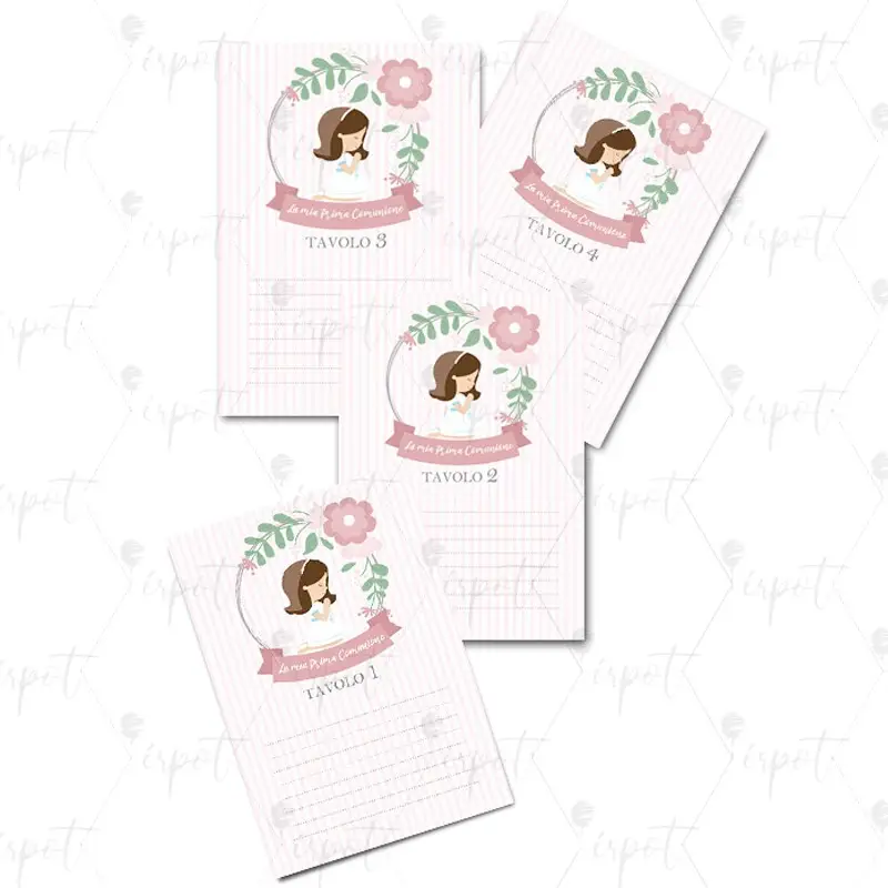 TARGHETTA SEGNATAVOLO RETTANGOLARE PRIMA COMUNIONE BAMBINA ROSA - 20 PZ