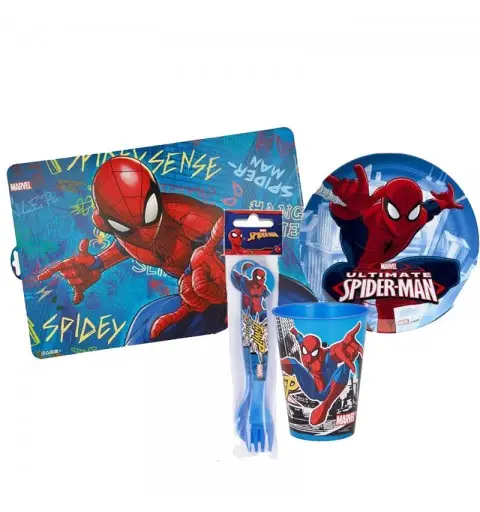 SET PRANZO SPIDERMAN - PIATTO BICCHIERE TOVAGLIETTA E POSATE