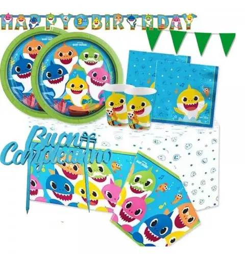 KIT N 79 COMPLEANNO BABY SHARK CON TOPPER PER TORTA CELESTE