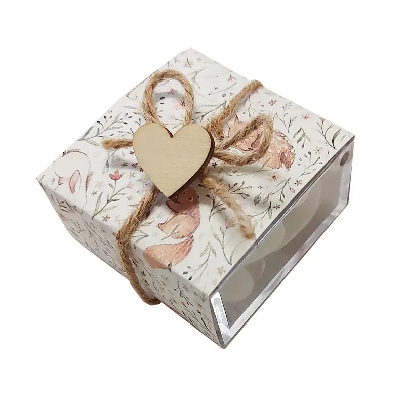 25 SCATOLINE ANIMALETTI DEL BOSCO BOHO CON CUORICINI DI LEGNO