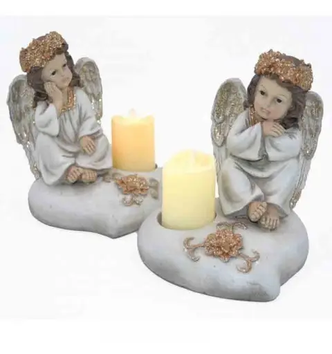 Angelo in resina su cuore con luce 20209 18 cm h mod. assortiti