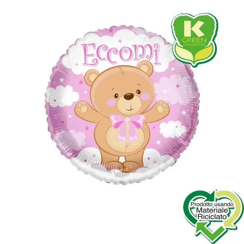 Pallone foil Eccomi Orsacchiotto Fiocco Rosa Tondo K-Green 18  43 cm 6743058-01