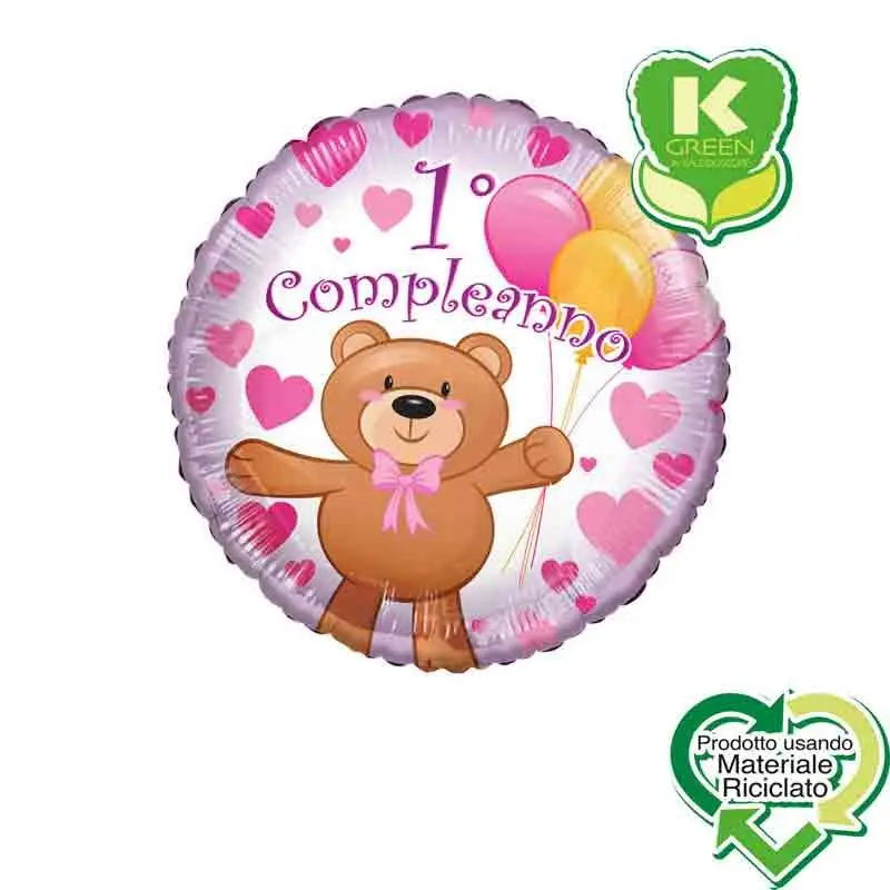 Pallone foil primo Compleanno Orsacchiotto Bimba rosa Tondo K-Green 18  43 cm 6742679-01
