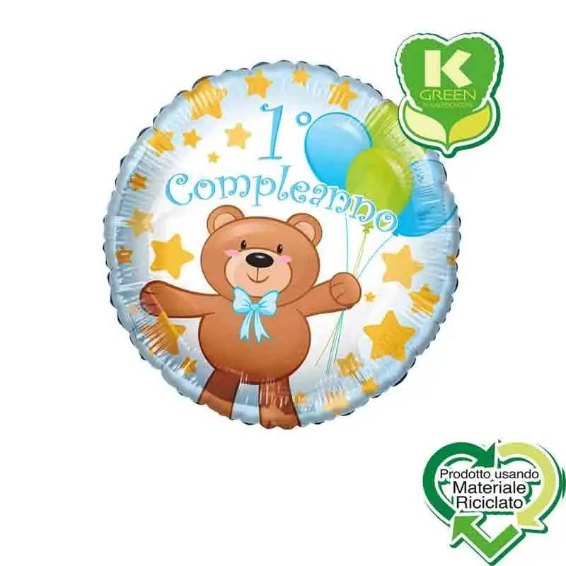 Pallone foil primo Compleanno Orsacchiotto Bimbo Tondo K-Green 18  43 cm 6742716-01