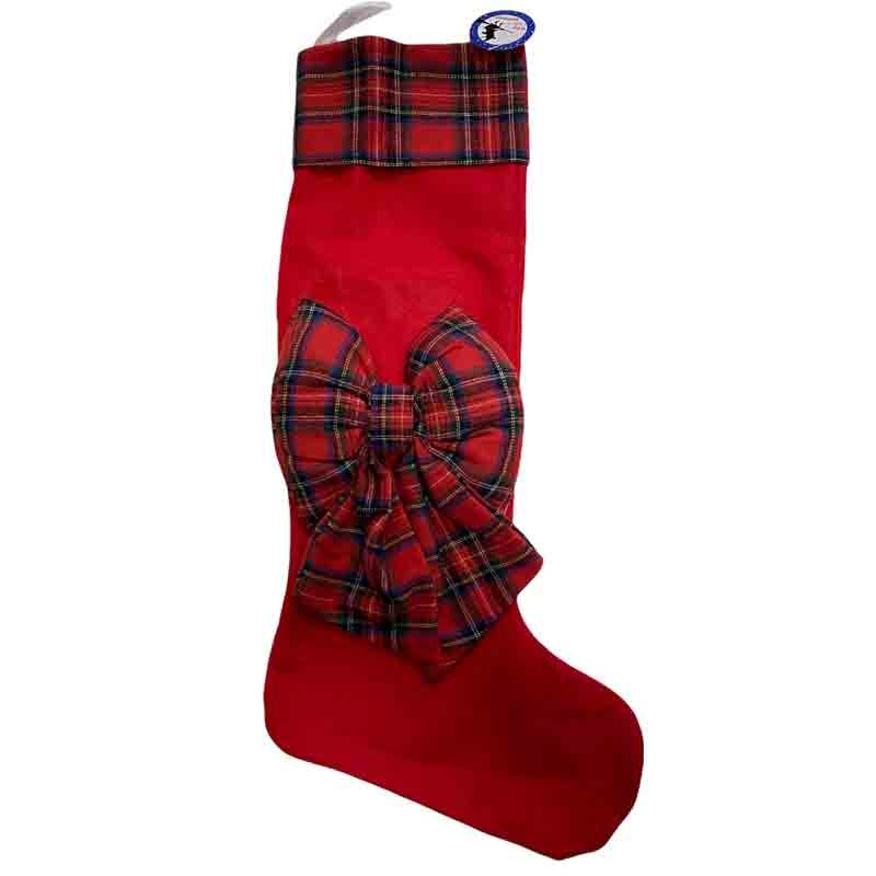 calza della befana rossa in tessuto con fiocco scozzese 55 cm 407941