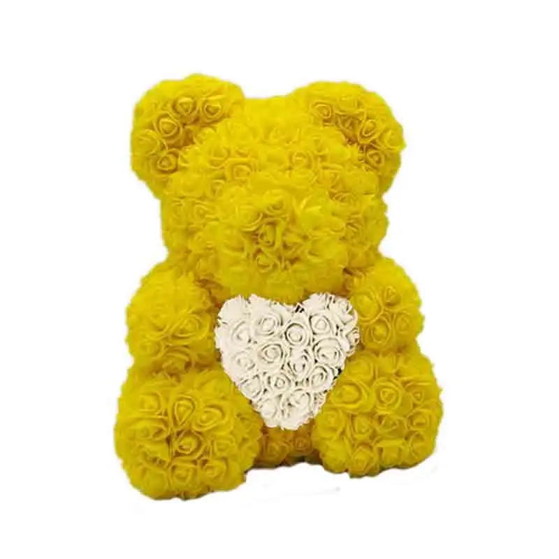 Orsacchiotto di Rose Artificiali in Gomma crepla giallo con cuore bianco - 25cm
