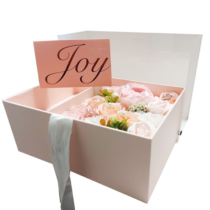 scatola rettangolare rosa con fiori artificiali 24 x 17 x 10 cm A26993/P