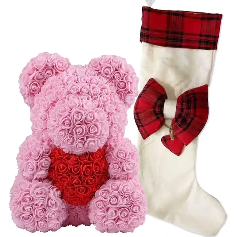 Calza della befana con orsetto di rose rosa