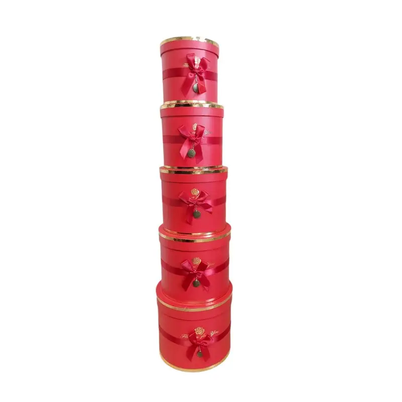 set 5 box regalo rosso cappelliere cilindriche diam. da 22 cm a 13 cm live your dream