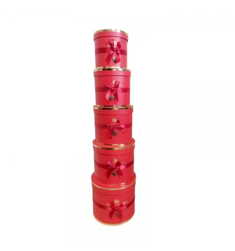 set 5 box regalo rosso cappelliere cilindriche diam. da 22 cm a 13 cm live your dream