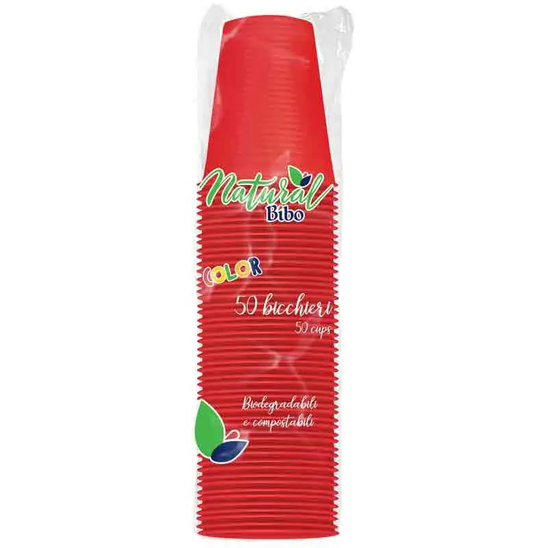 bibo natural color bicchieri rossi 200cc biodegradabili e compostabili 50 pezzi