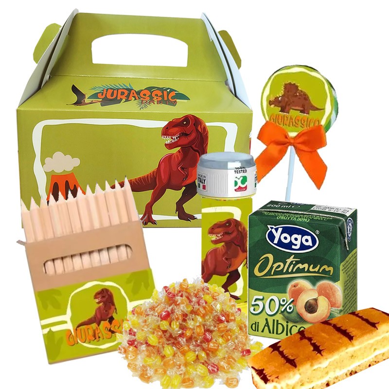 Box scatola dinosauri con merendine e succhi di frutta - 6 PZ