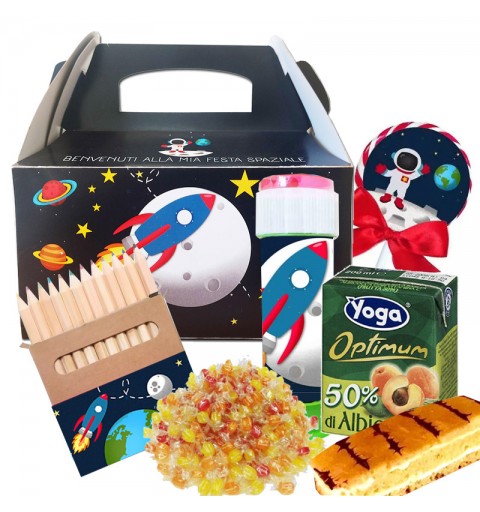 Box scatola Space party con merendine e succhi di frutta - 6 pz