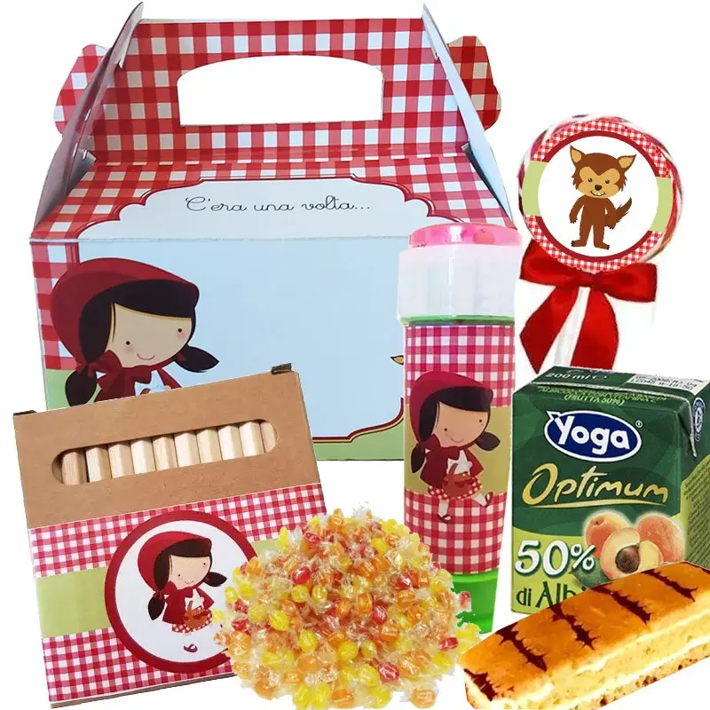 Box scatola Cappuccetto Rosso con merendine e succhi di frutta - 6 pz