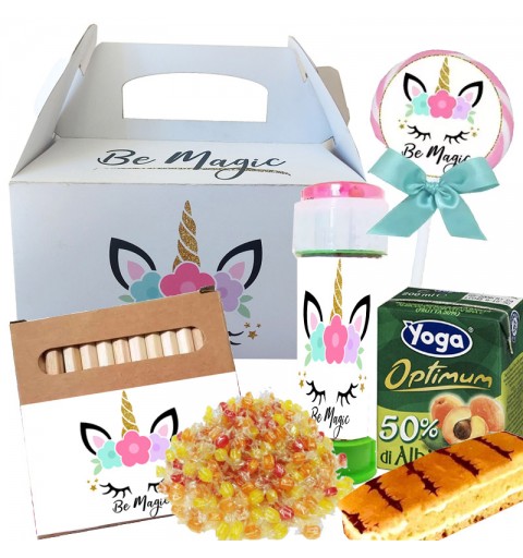 Box scatola magic unicorn con merendine e succhi di frutta - 6 pz