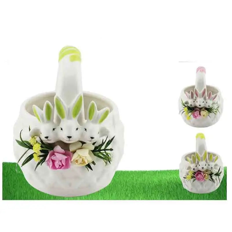 cestino con coniglietti pasquali in ceramica colori ass. e casuali 85571 16 x 14 x 15 cm