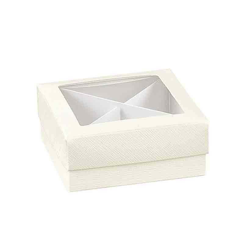 Scatolina Portaconfetti degustazione con finestra e cartoncino separatore 13899 120x120x40mm colore seta bianca