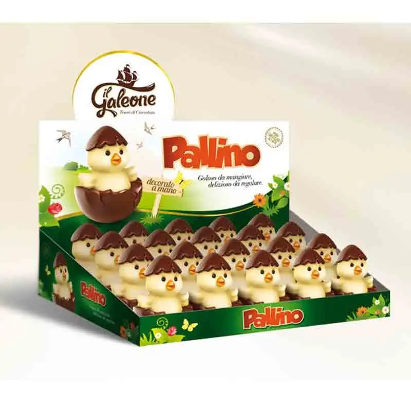 box 20 pz. Pallino Pulcino di puro cioccolato al latte decorato a mano gr.30
