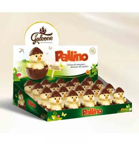 box 20 pz. Pallino Pulcino di puro cioccolato al latte decorato a mano gr.30