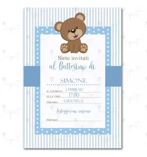 Inviti battesimo orsetto celeste personalizzati - 20 pz